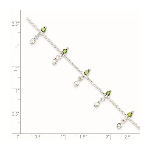 Sterling Silver Peridot August Birthstone Dangling Beads Anklet, 9 inches - Picture 2 of 7
